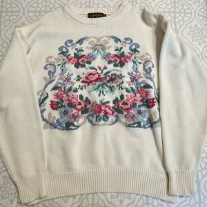 Vintage Eddie Bauer Cotton Floral Cream Knit Sweater size Large